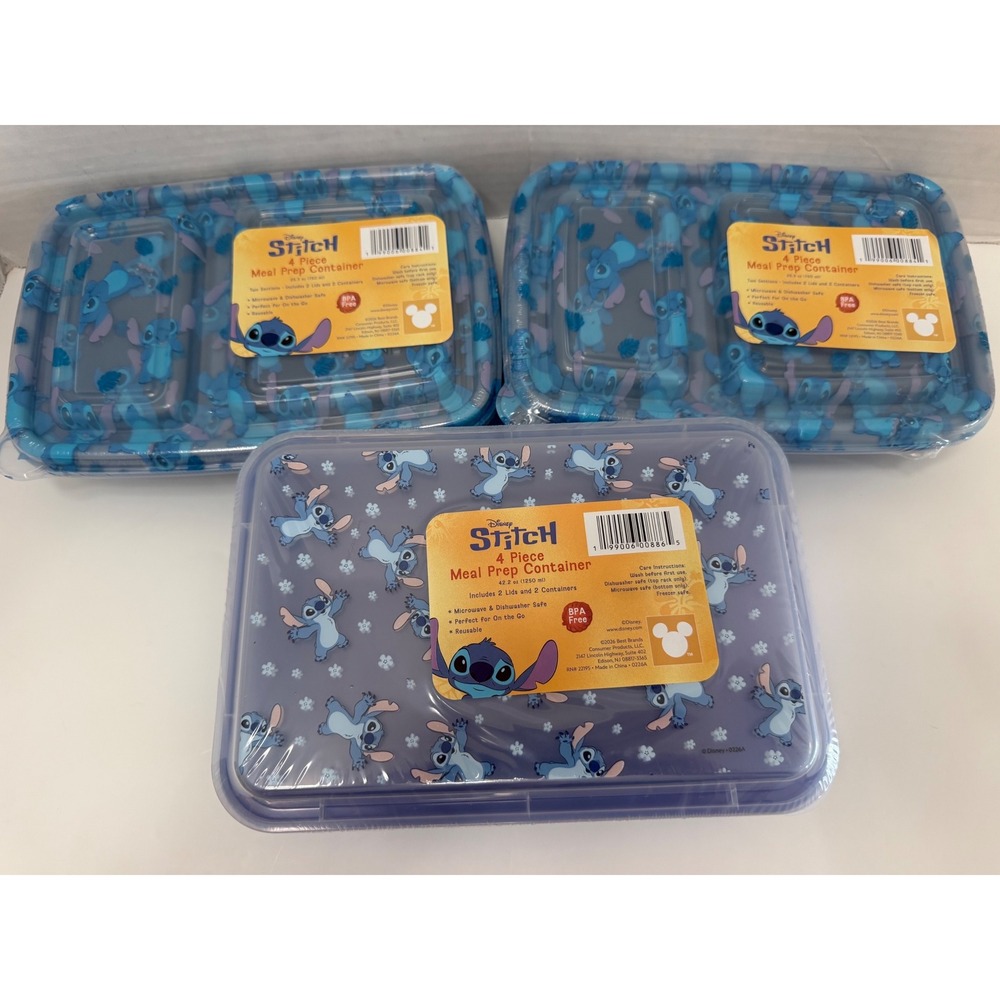 Disney‎ Stitch 3-Pack 4-Piece Meal Prep Container Set BPA Free Blue Purple New